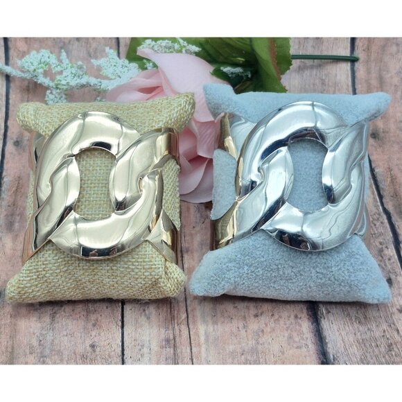 Set of 2 Statement Metal Cuff Bracelets 1 Silver Tone & 1 Gold Tone Link Look - Picture 7 of 11